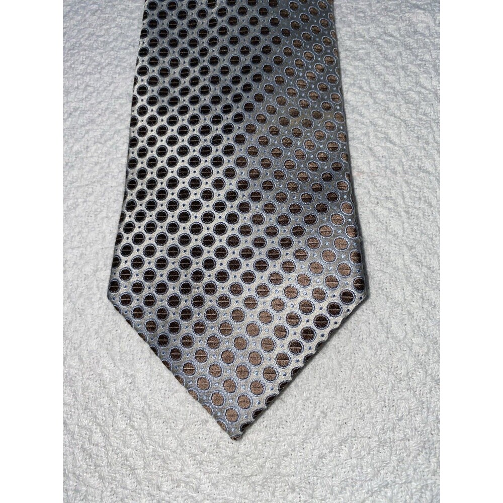 Pronto Uomo Silk Tie Brown Silver Geometric Medallion Handmade 3.5"